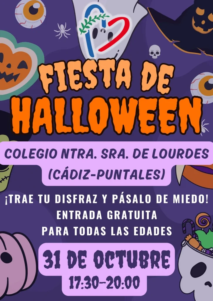 Cartel de la Fiesta de Halloween 2024 del colegio Nuestra Señora de Lourdes de Cádiz. Fundación Educativa Amor de Dios.