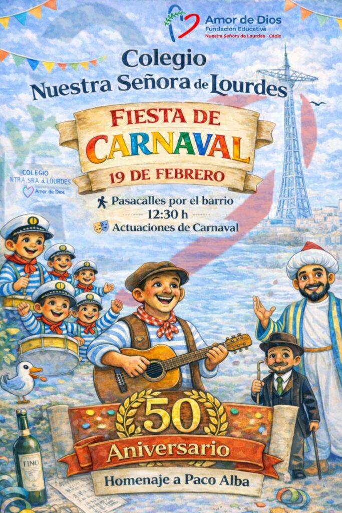 Fiesta de Carnaval 2026. Composición con la frase "Fiesta de Carnaval 19 de febrero y pasacalles a las 12:30h" sobre fondo con torre de Puntales, artistas del carnaval y el indicativo de 50 aniversario de homenaje a Paco Alba junto a otros elementos decorativos.