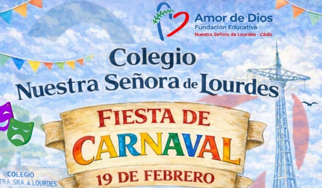 Fiesta de Carnaval 2026. Composición con la frase "Fiesta de Carnaval 19 de febrero" sobre fondo con torre de Puntales y elementos decorativos.