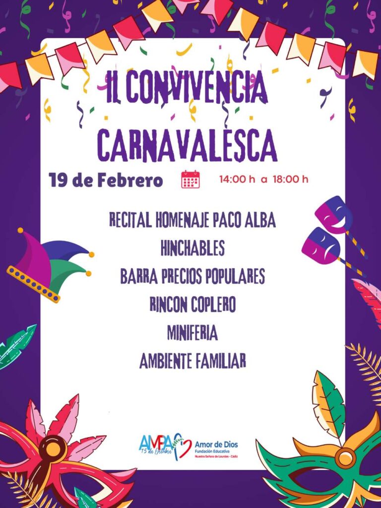 Carnaval 2026 - Infografía del AMPA "15 de Octubre" con elementos alusivos y descripción de actividades programadas.