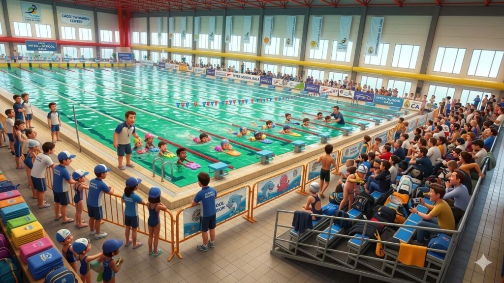 Programa de natación escolar: alumnos en la piscina con monitores. Imagen generada por Gemini AI.