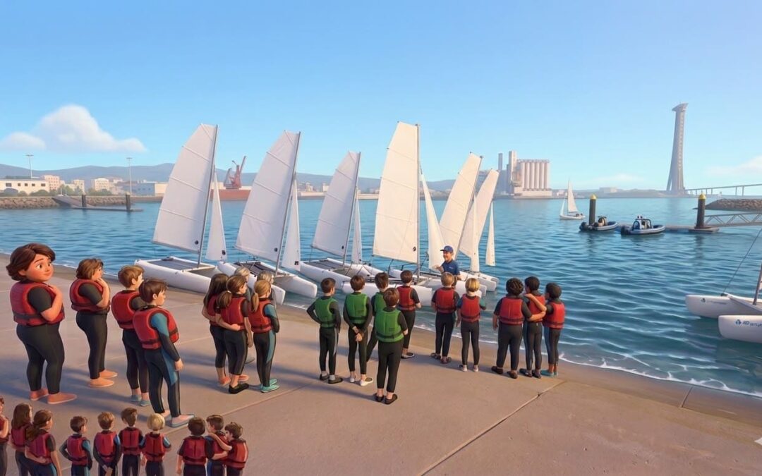 Programa de vela escolar: alumnos en rampa de varada recibiendo indicaciones de monitor. Imagen generada por Gemini AI.